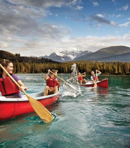 People canoeing on Lac Beauvert in Jasper National Park.