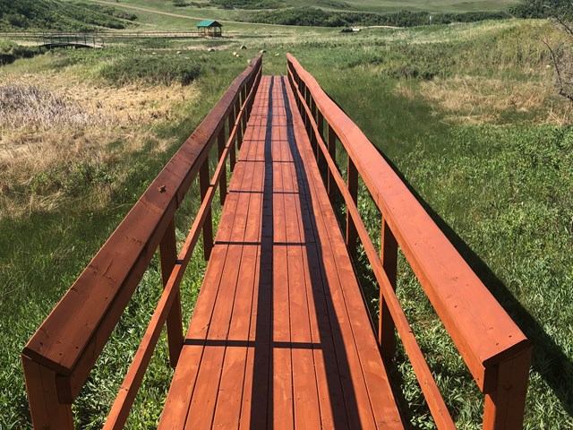 Red-railed boardwalk bridge leading to green-roofed shelter in grassy landscape.