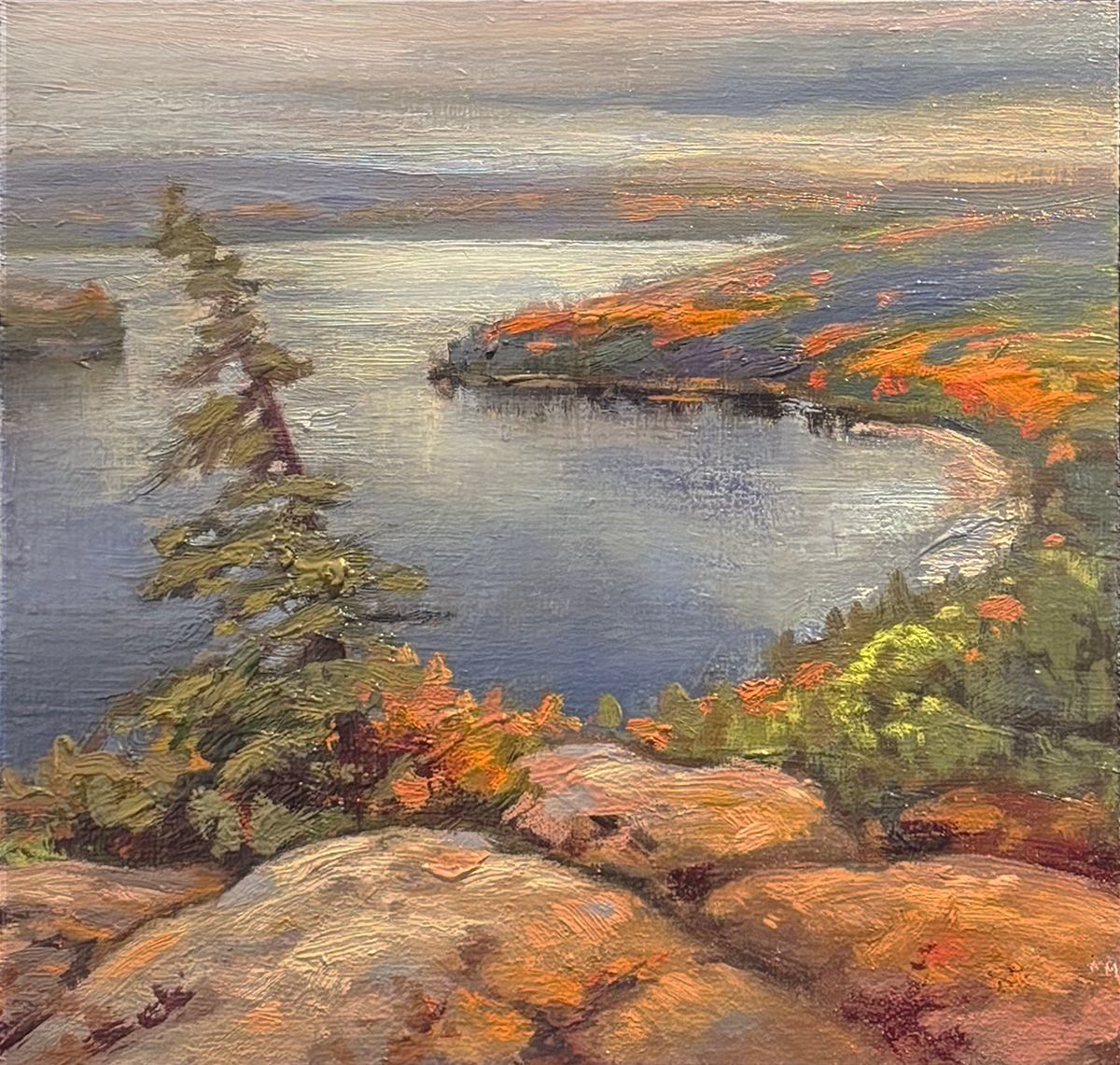 Textured landscape painting of a rocky shoreline, evergreen trees and calm blue water.