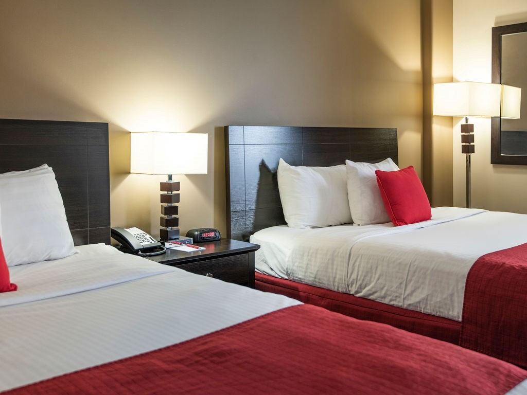 A guest room with two beds