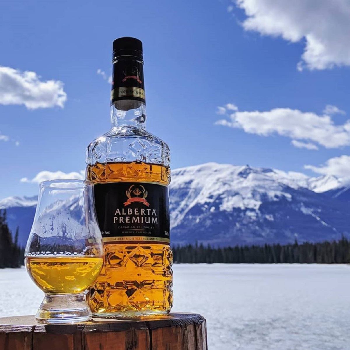 A glass of cold Alberta Premium whiskey