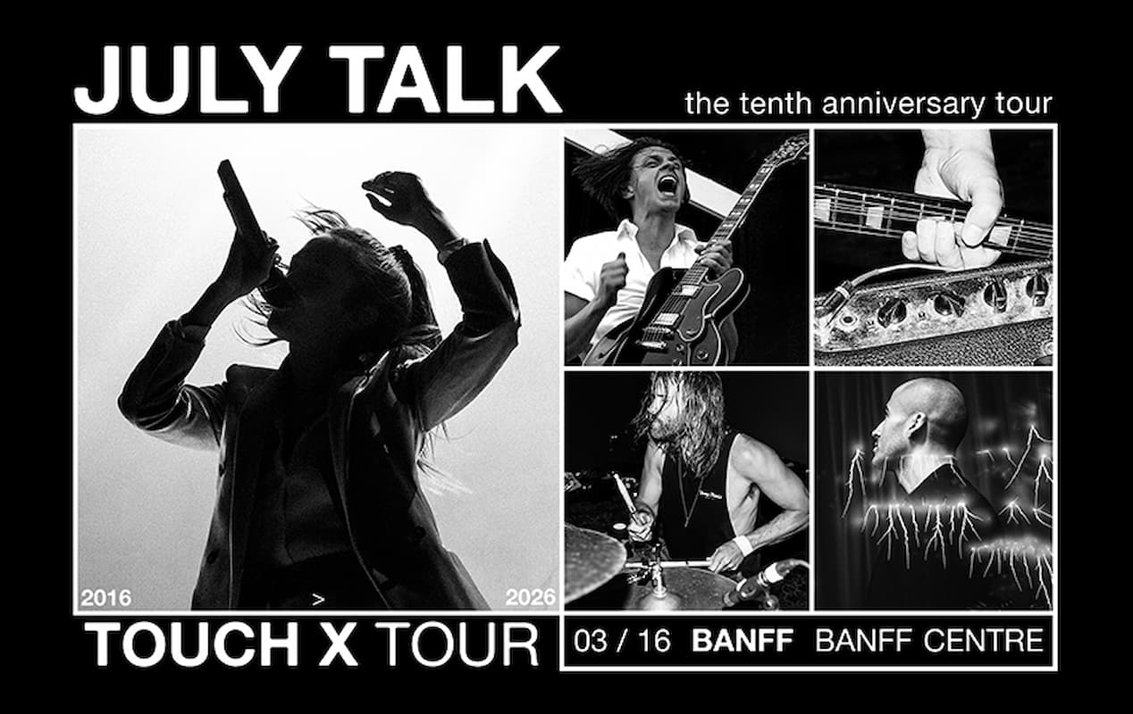 Black-and-white collage of a rock band performing live with singer, guitar, bass, and drums on stage.