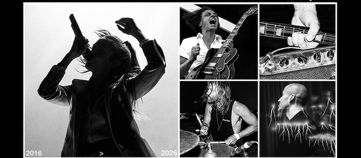 Black-and-white collage of a rock band performing live with singer, guitar, bass, and drums on stage.