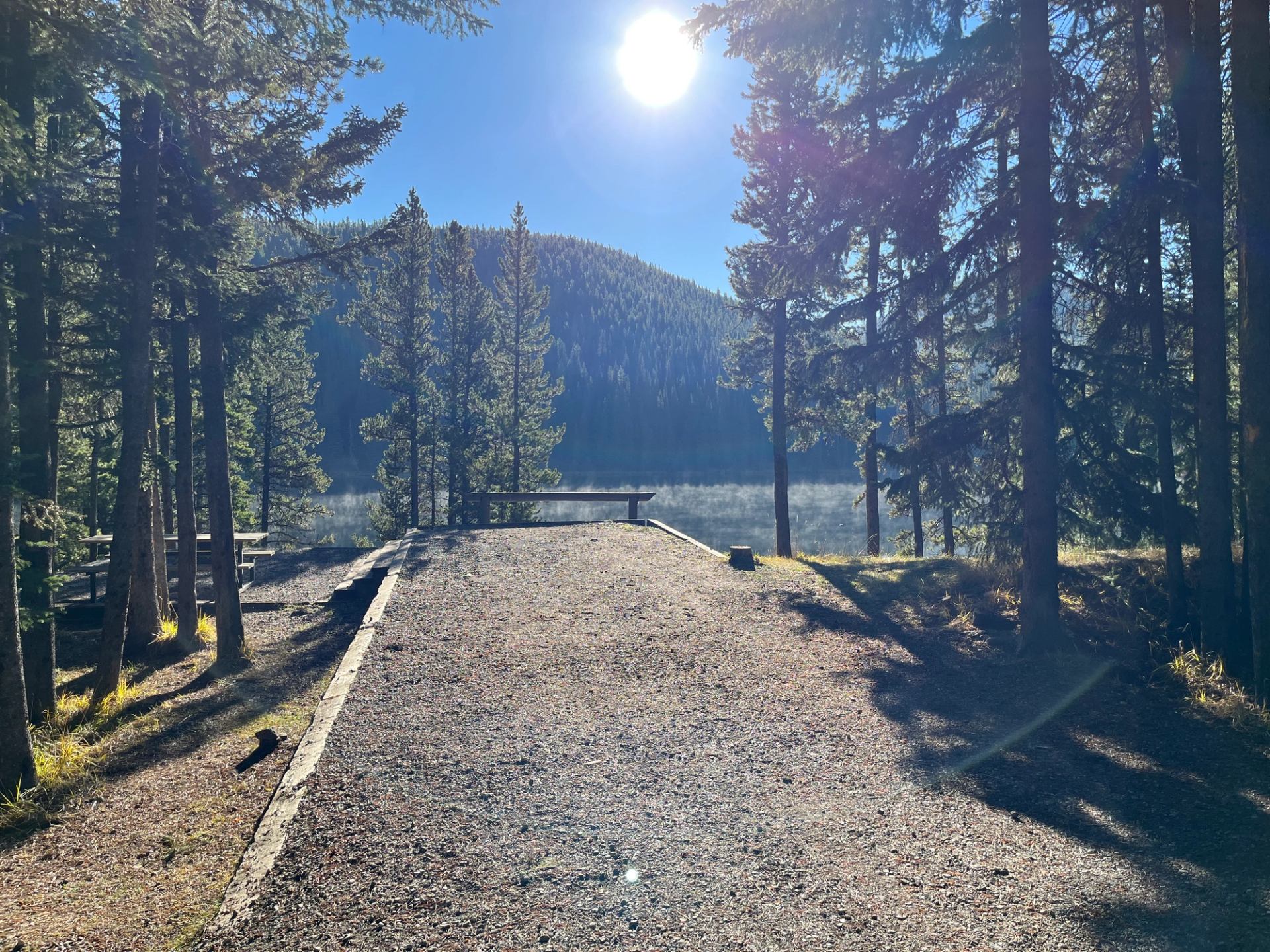 Gravel campsite clearing between tall evergreen trees overlooking a calm forest lake.