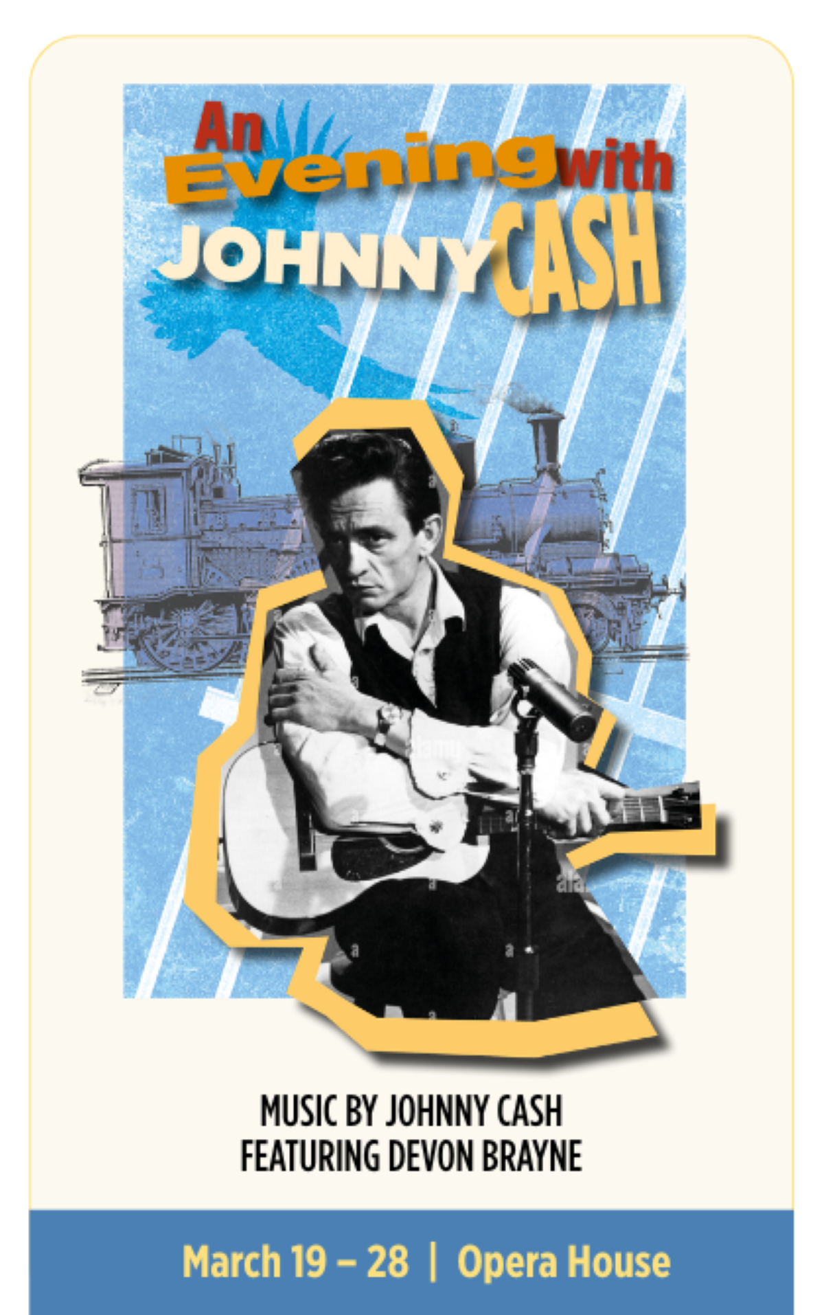 Stylized artwork of a musician holding a guitar with a vintage train in the background.