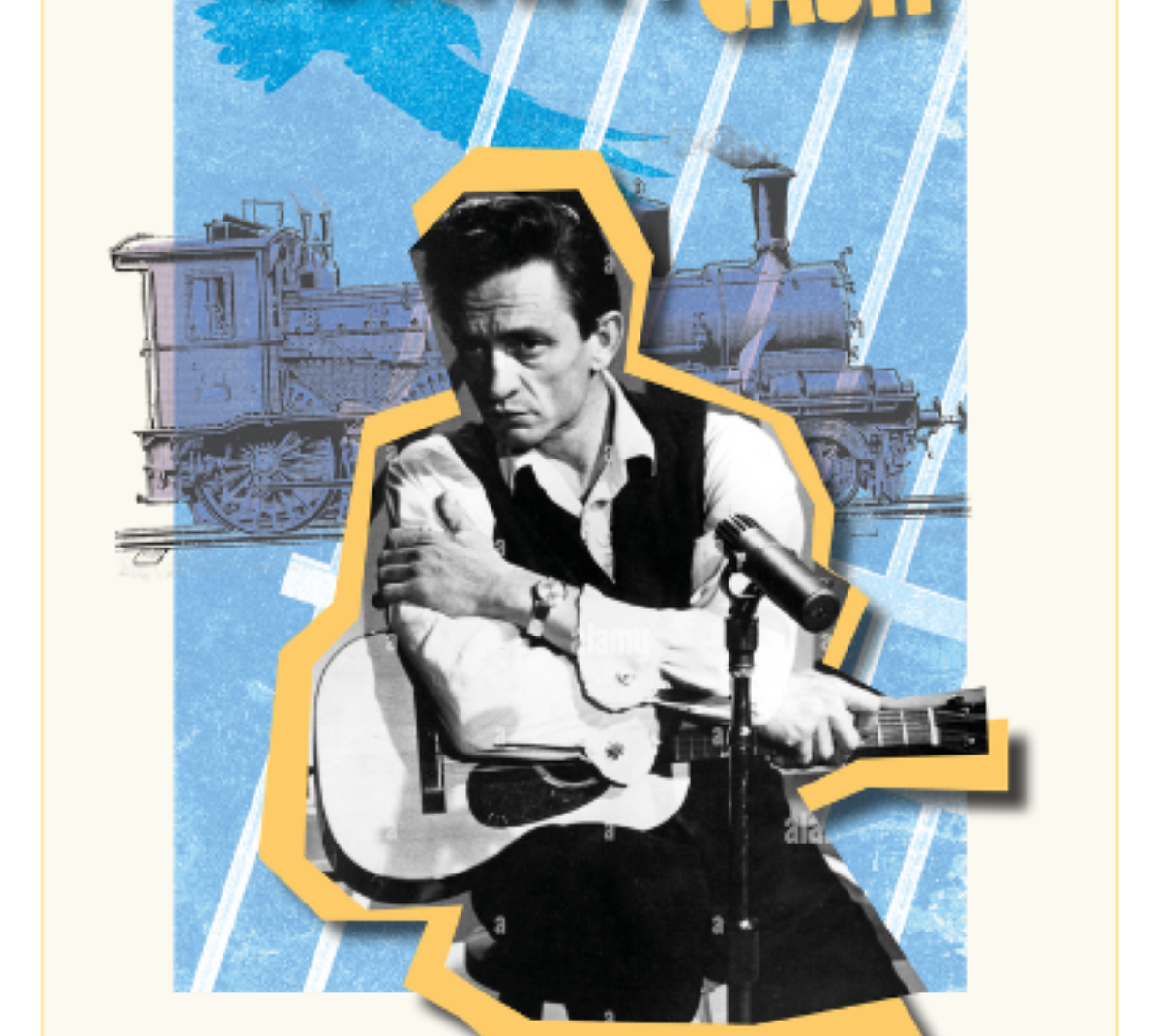 Stylized artwork of a musician holding a guitar with a vintage train in the background.