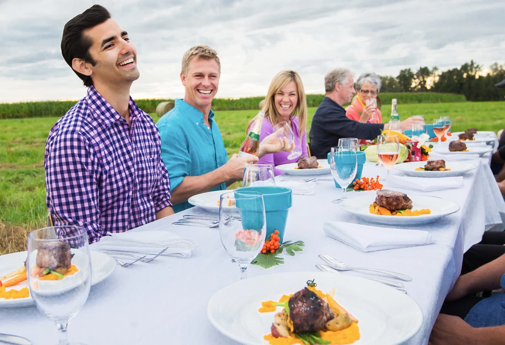 People sit at a long outdoor table, eating plated meat dishes in a green field.