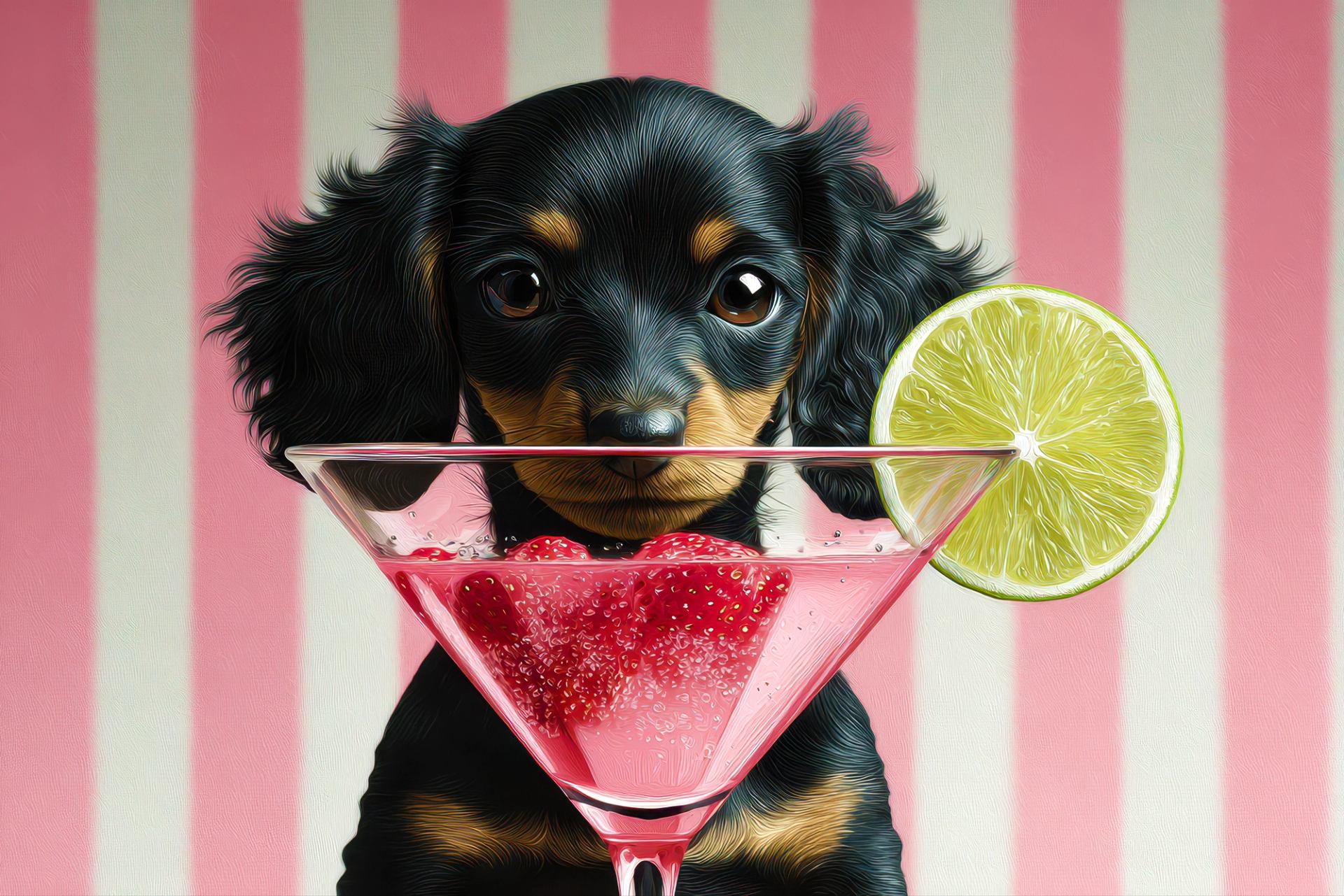 A black and tan puppy peeking over a pink martini glass with strawberries and a lime, against a pink and white striped background.
