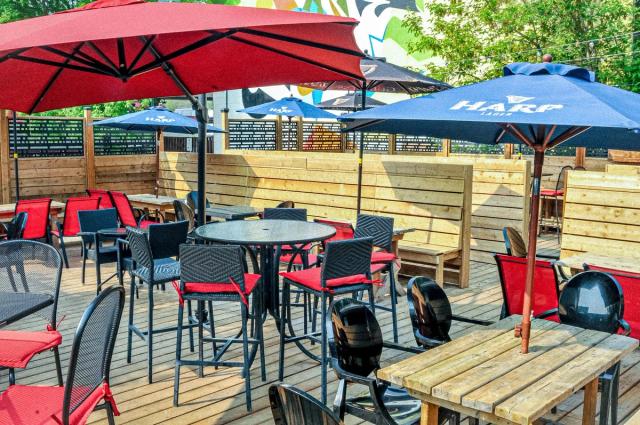 Outdoor patio with umbrellas