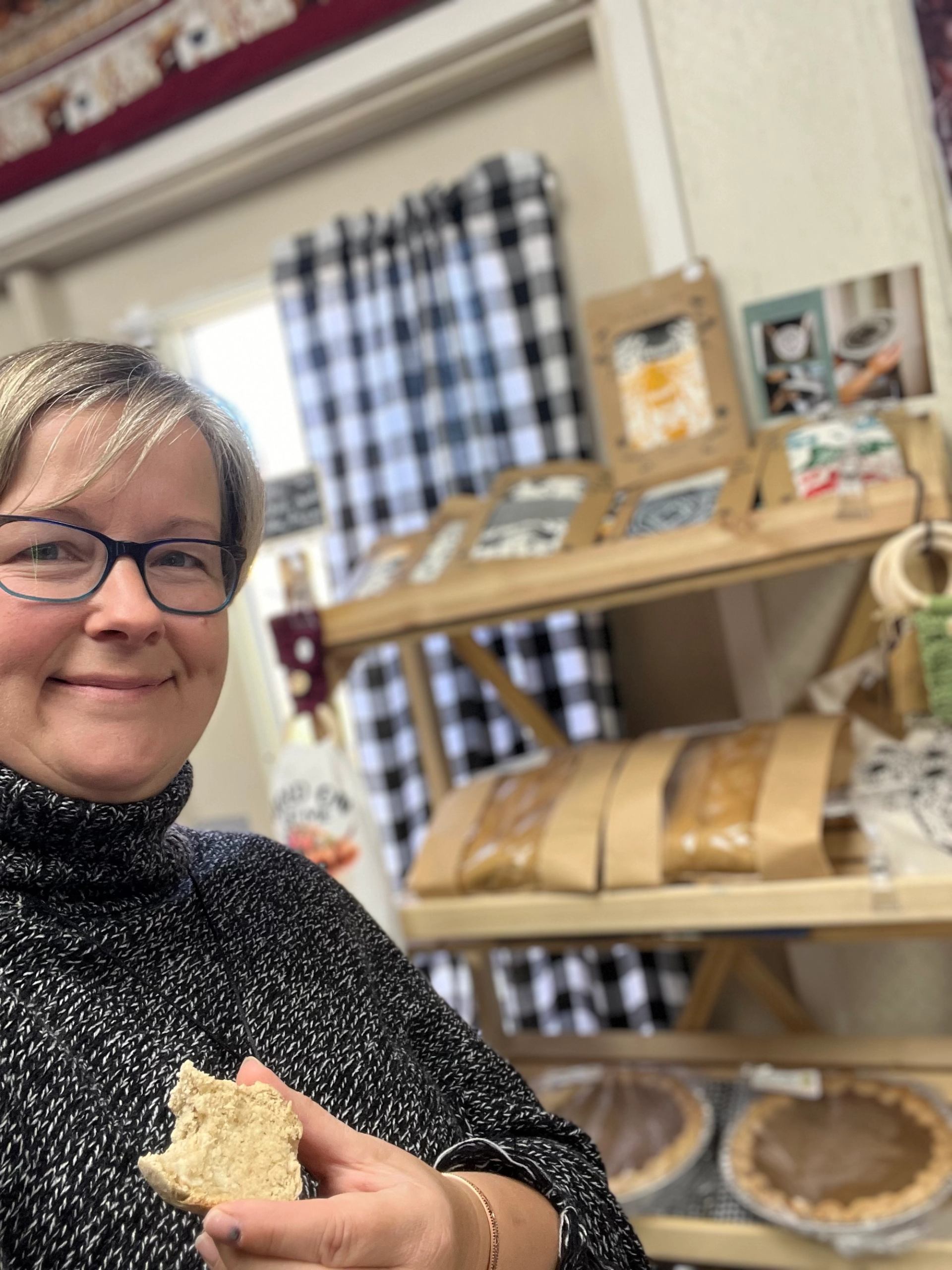 Shelves with baked goods and pies at Healing Homestead.