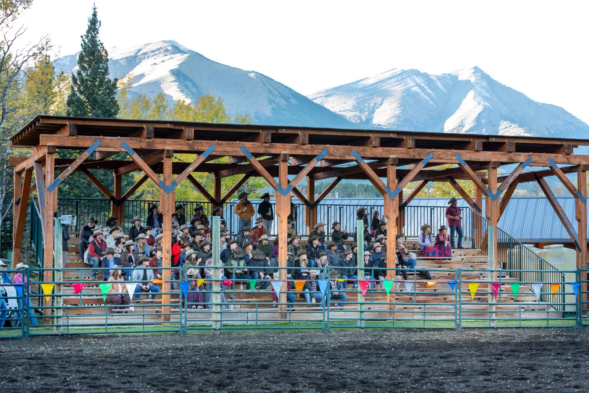 Spectators seated in a wooden rodeo grandstand with mountain backdrop.