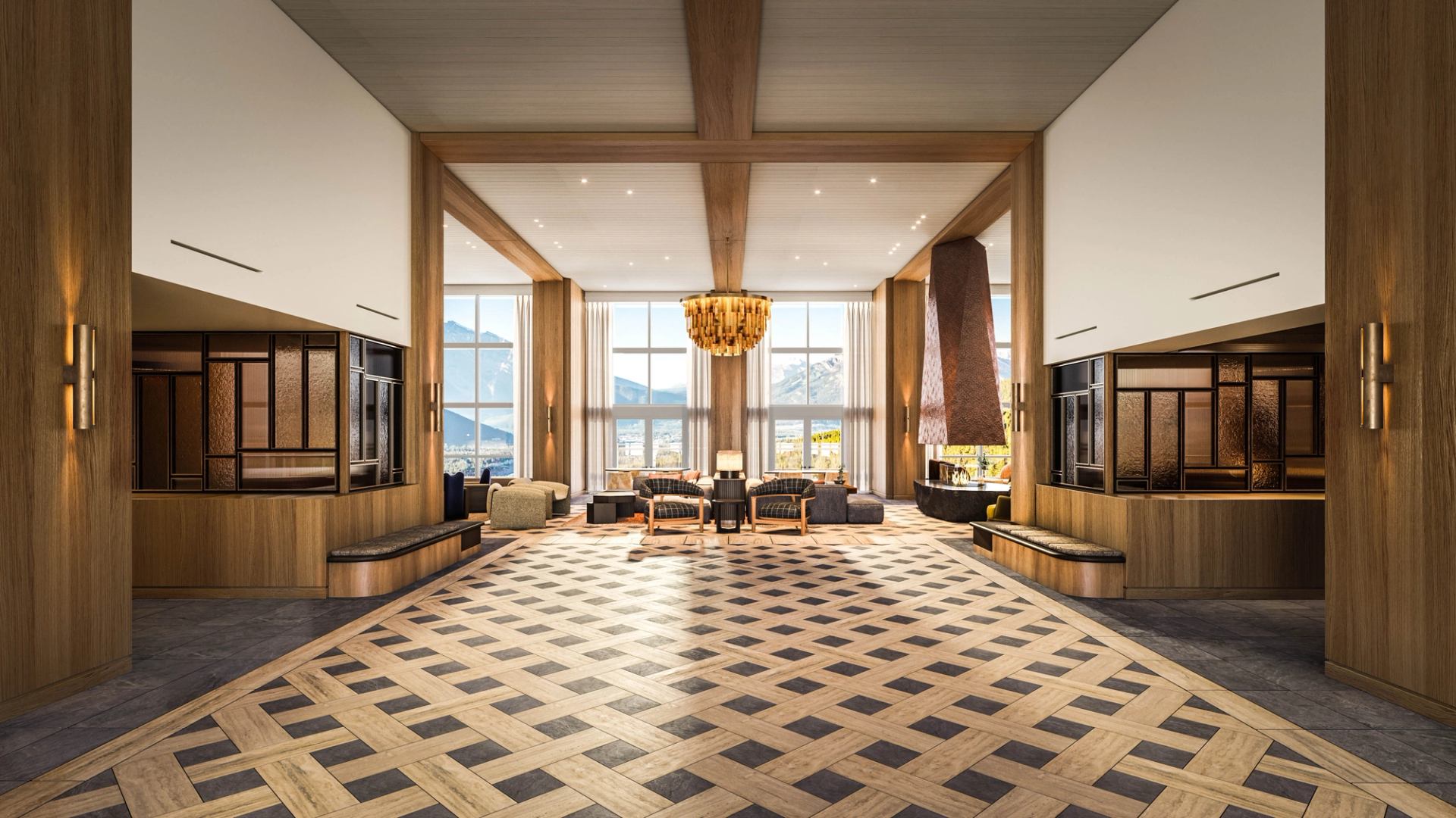 Spacious hotel lobby with wood beams, patterned flooring, lounge seating, and mountain views at Rimrock Banff.