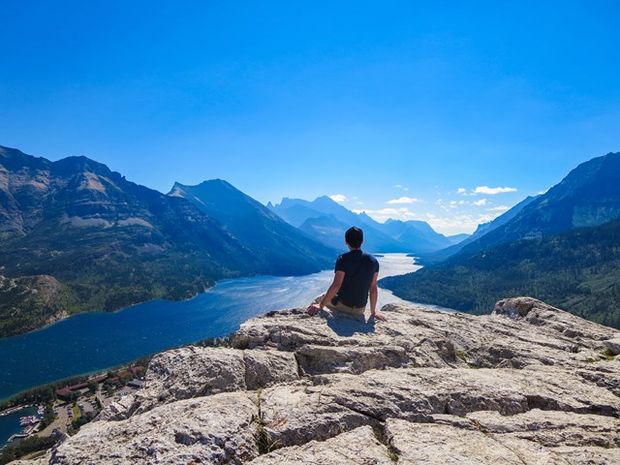 View of the lake and mountains in Waterton Lakes National Park.