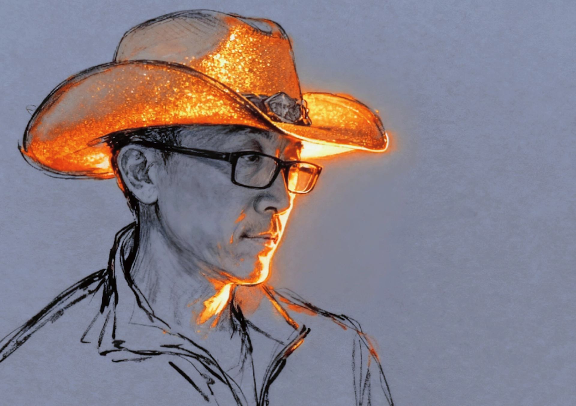Sketch of a person wearing a glowing orange cowboy hat and scarf.