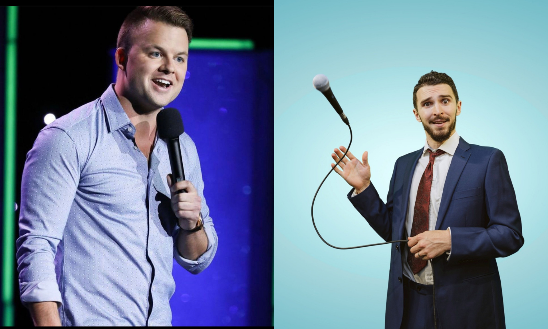 Split image of two comedians holding microphones on stage against blue and teal backgrounds.