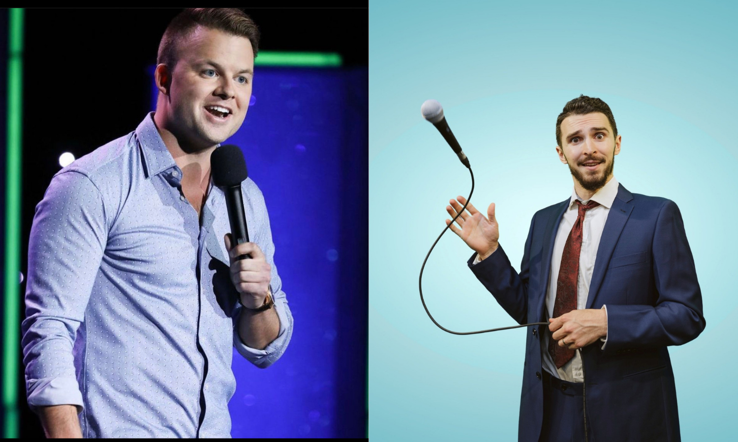 Split image of two comedians holding microphones on stage against blue and teal backgrounds.