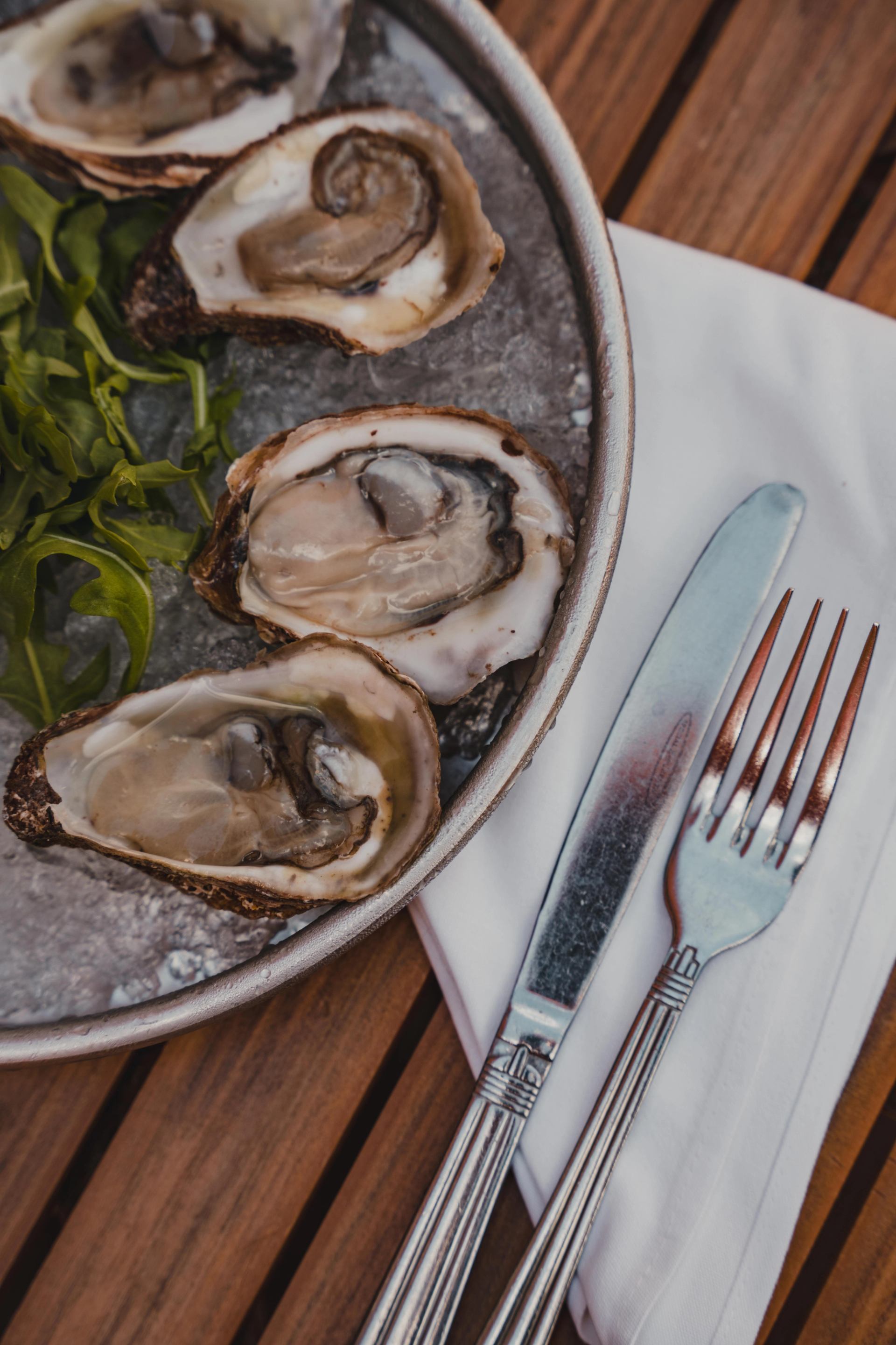 A closeup of fresh oysters on a bed of ice. 