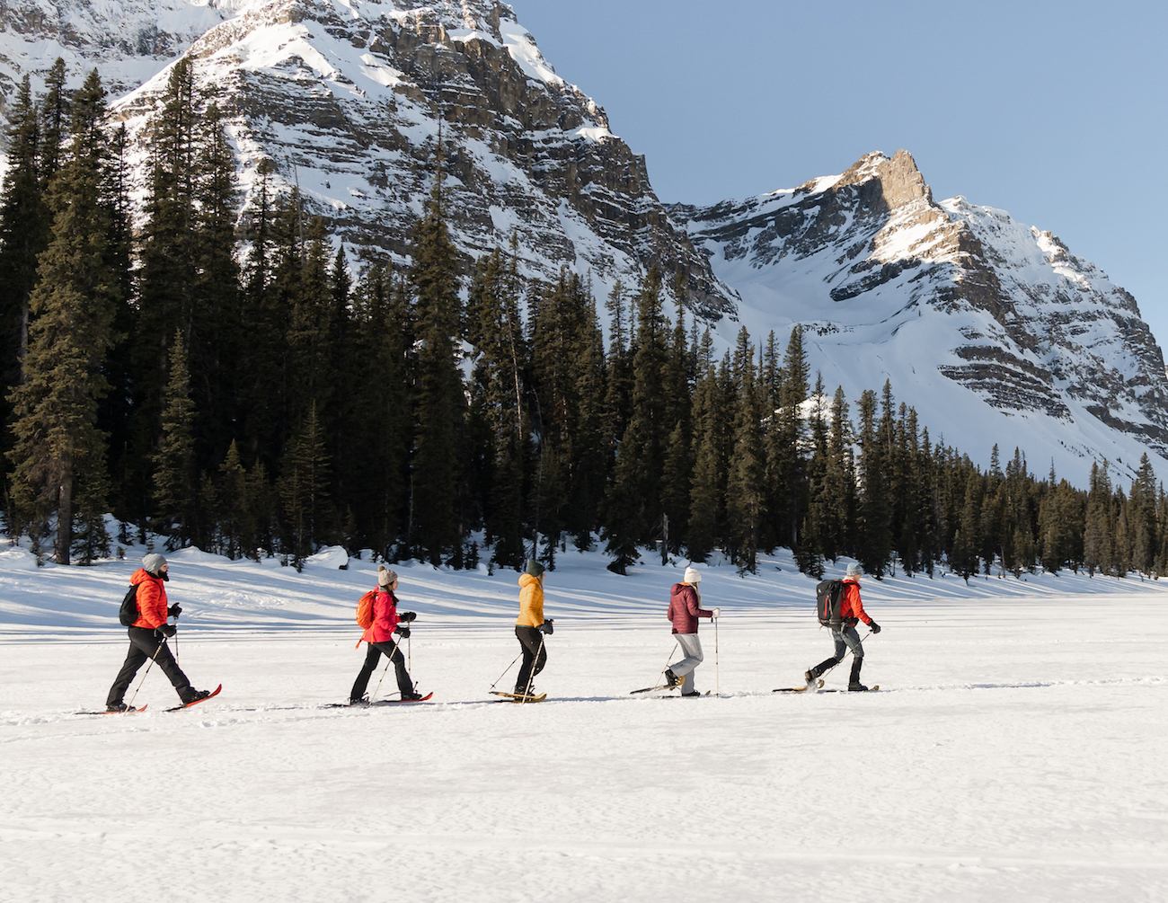 Snowshoers in front of impressive mountains in a wilderness setting.