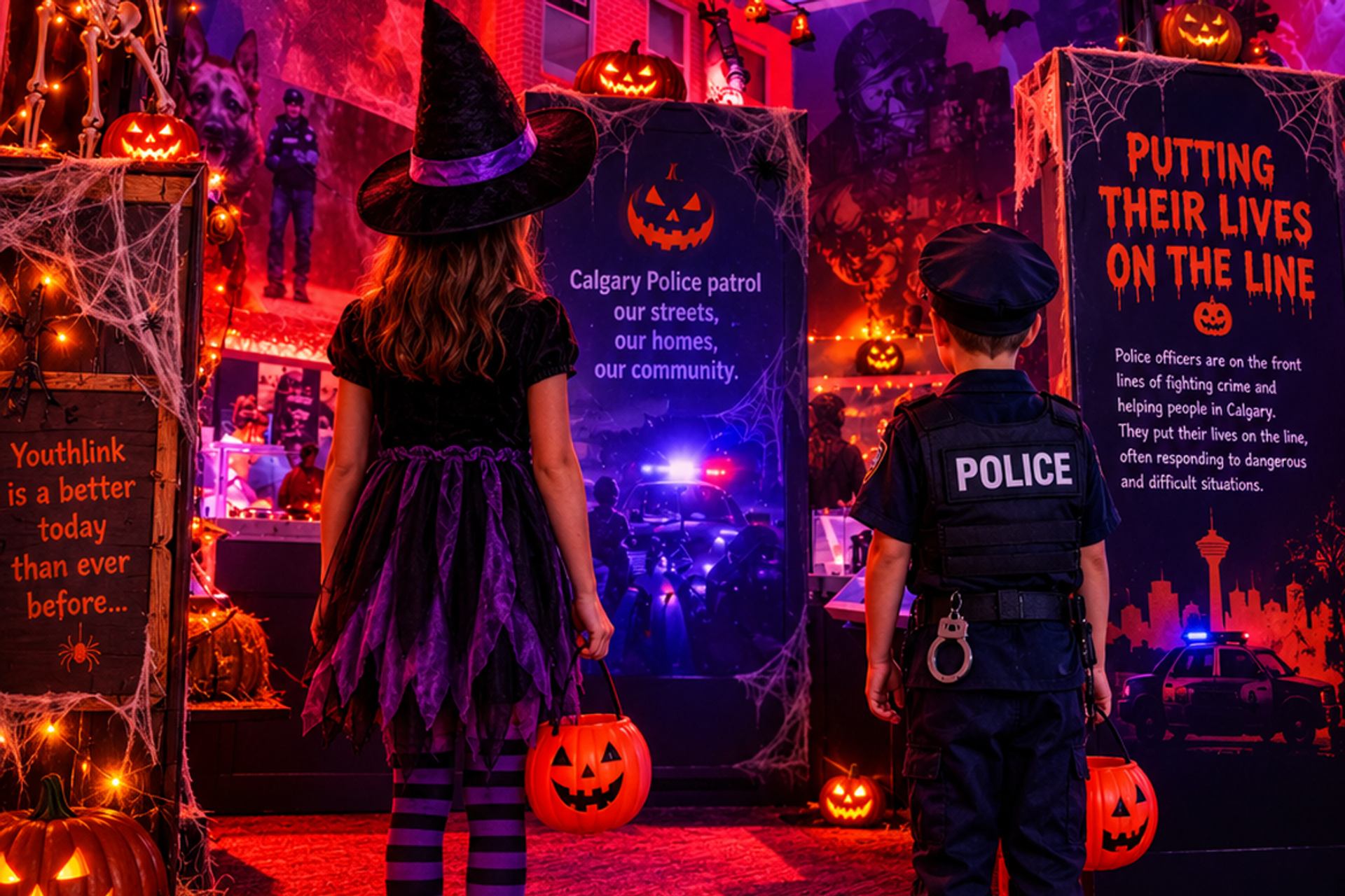 Costumed children view a Calgary Police Halloween display with pumpkins, cobwebs and orange lights.