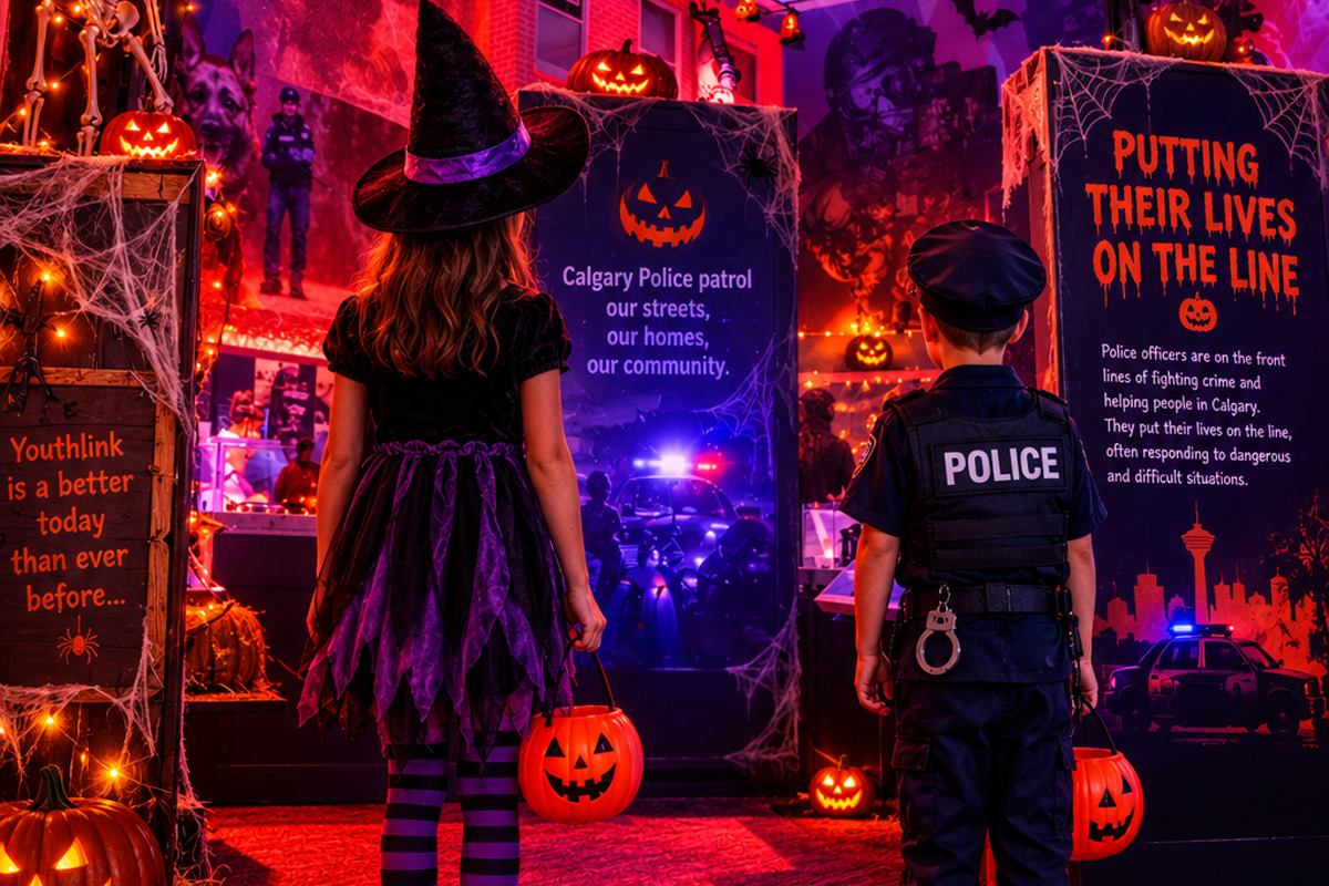 Costumed children view a Calgary Police Halloween display with pumpkins, cobwebs and orange lights.
