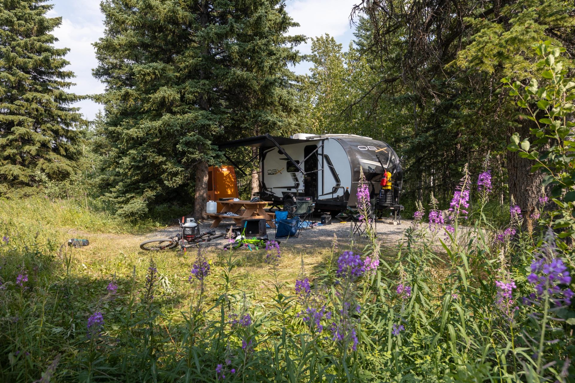 A forest campsite with a trailer, picnic table, bikes, and purple wildflowers in the foreground.