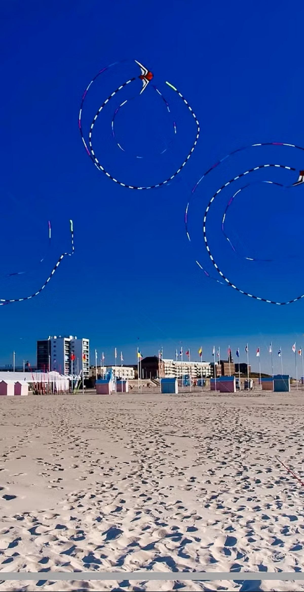 Colourful kites loop above sandy beach with beachfront buildings and flagpoles in background.