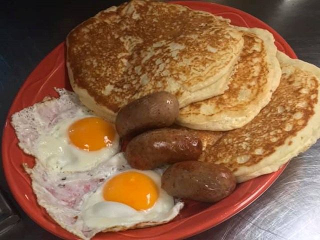Eggs, sausage and pancakes