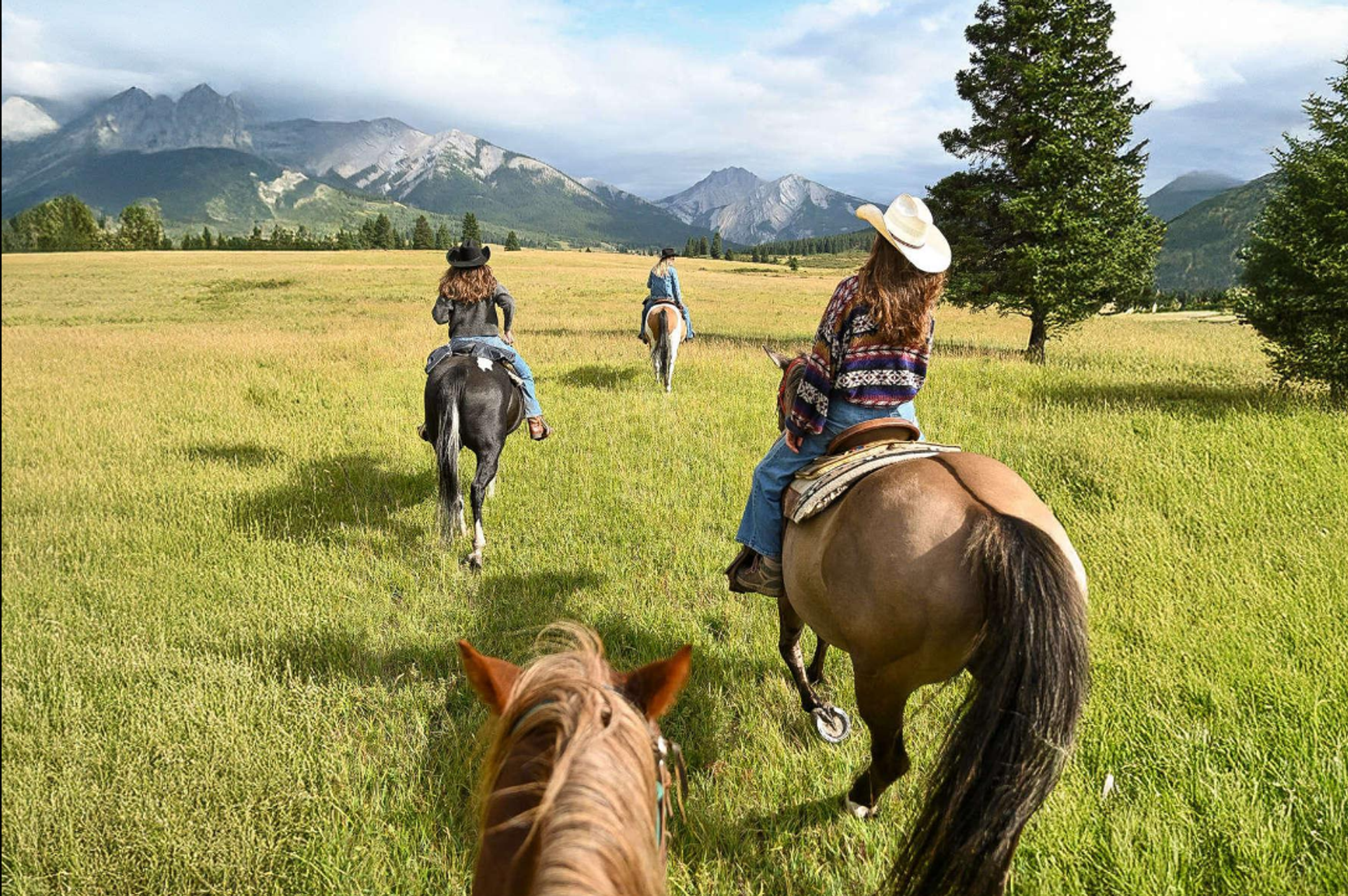 Horseback riders cross a grassy meadow toward forested mountains.