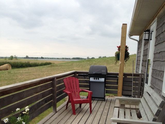 Wooden deck with red chair, barbecue grill, and open field views under a cloudy sky.