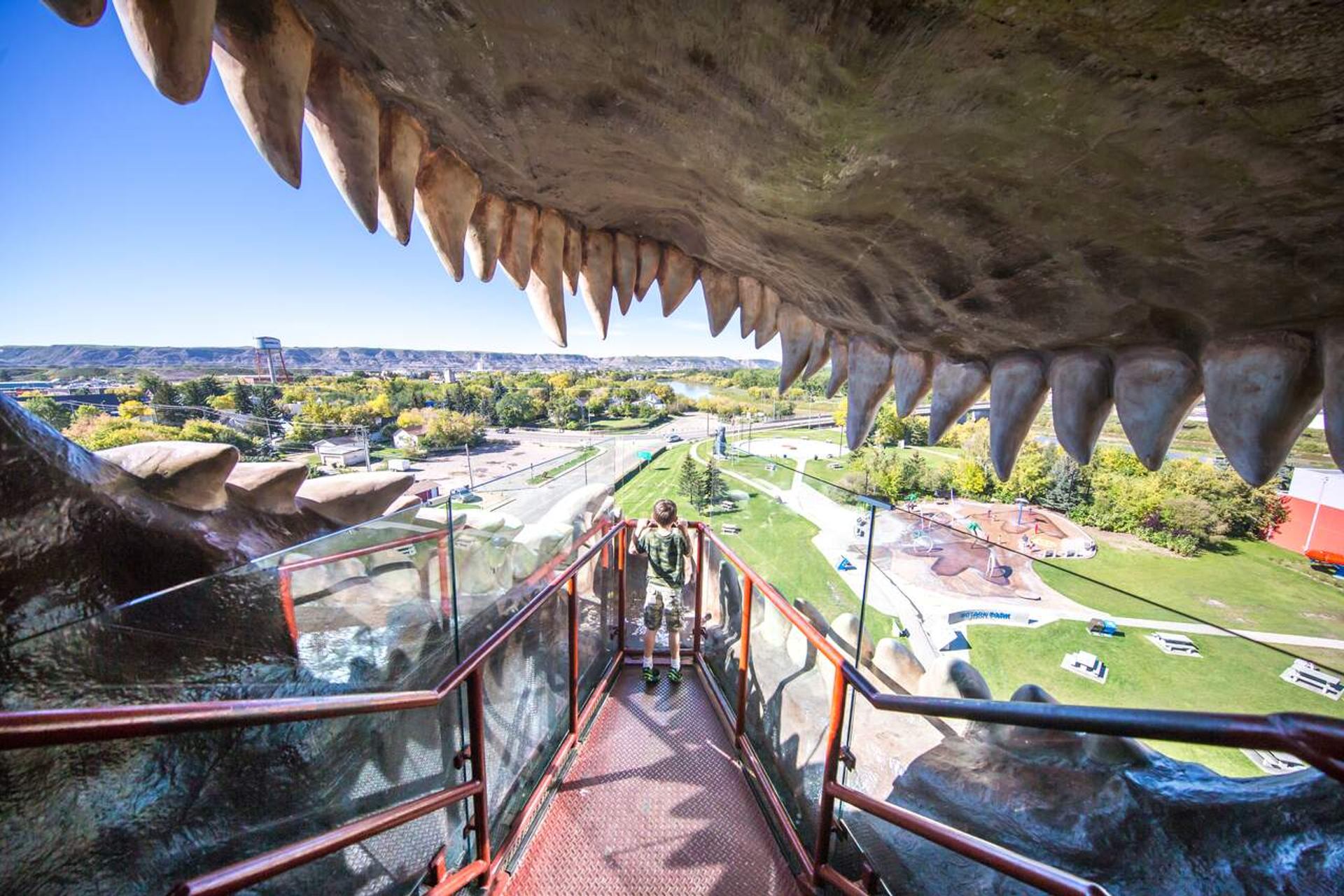 Observation deck inside giant dinosaur mouth overlooking park and distant river valley.