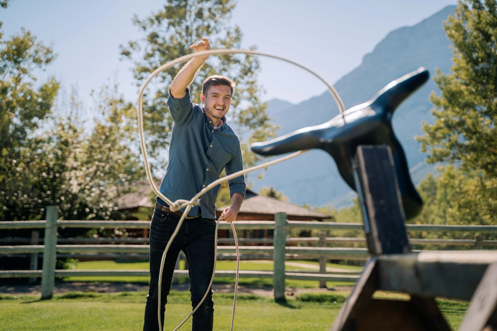 A guest participating in one of Boundary Ranch’s outdoor games