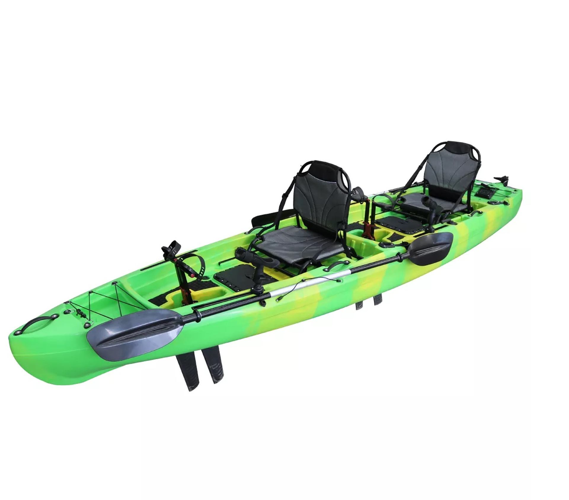 Green tandem kayak with two seats and paddles on white background.