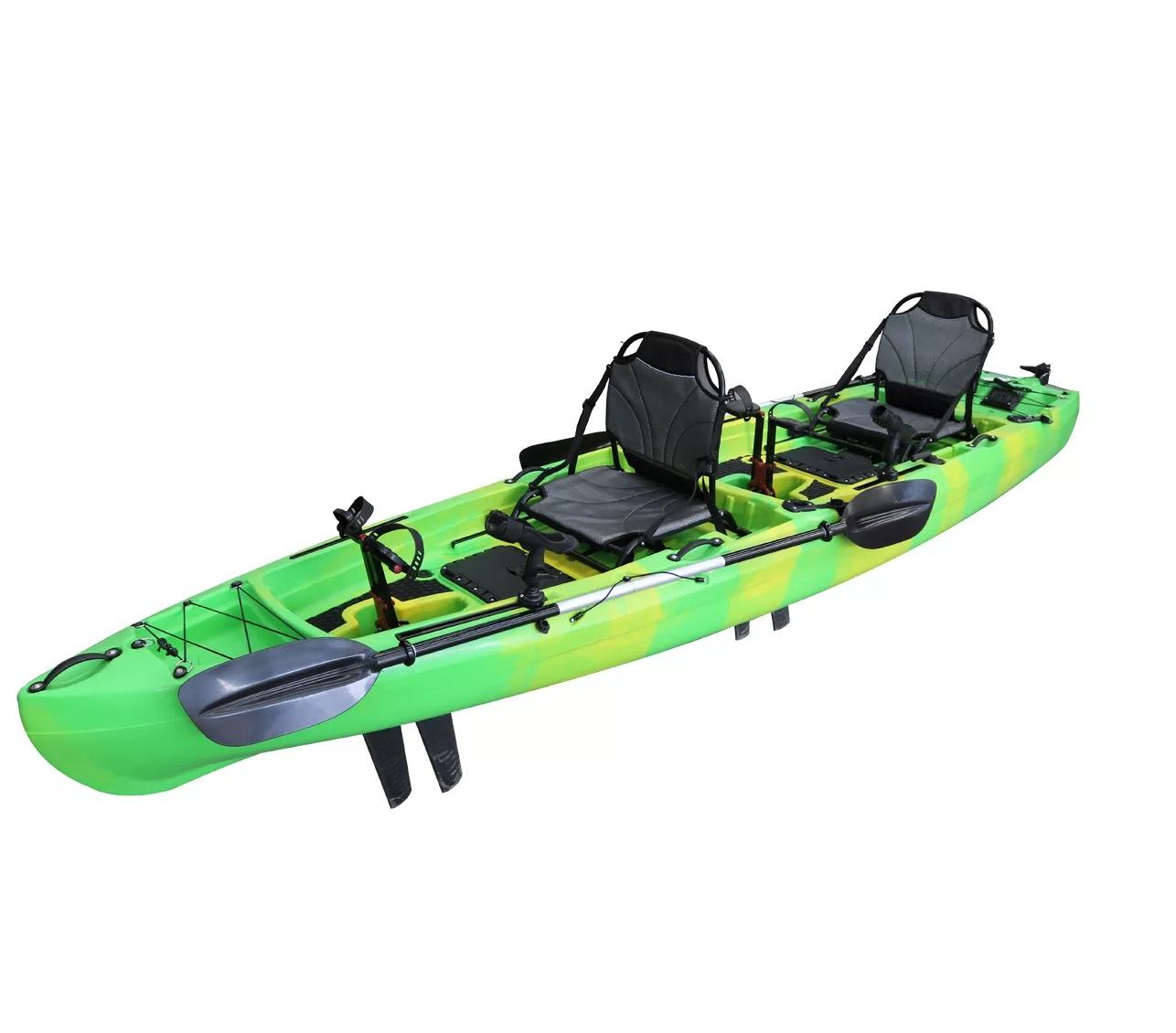 Green tandem kayak with two seats and paddles on white background.