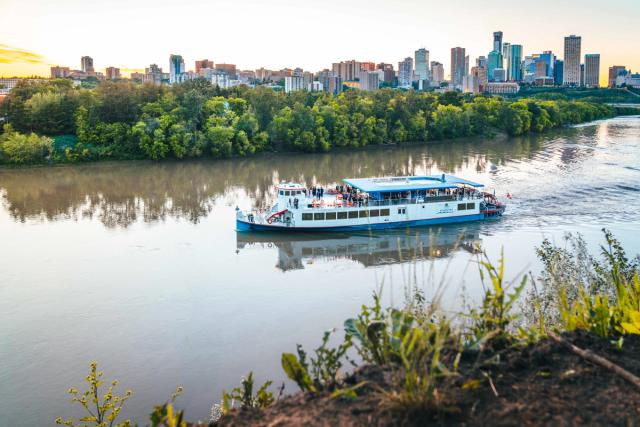 The Edmonton Riverboat with the Edmonton Cityscape in the background.