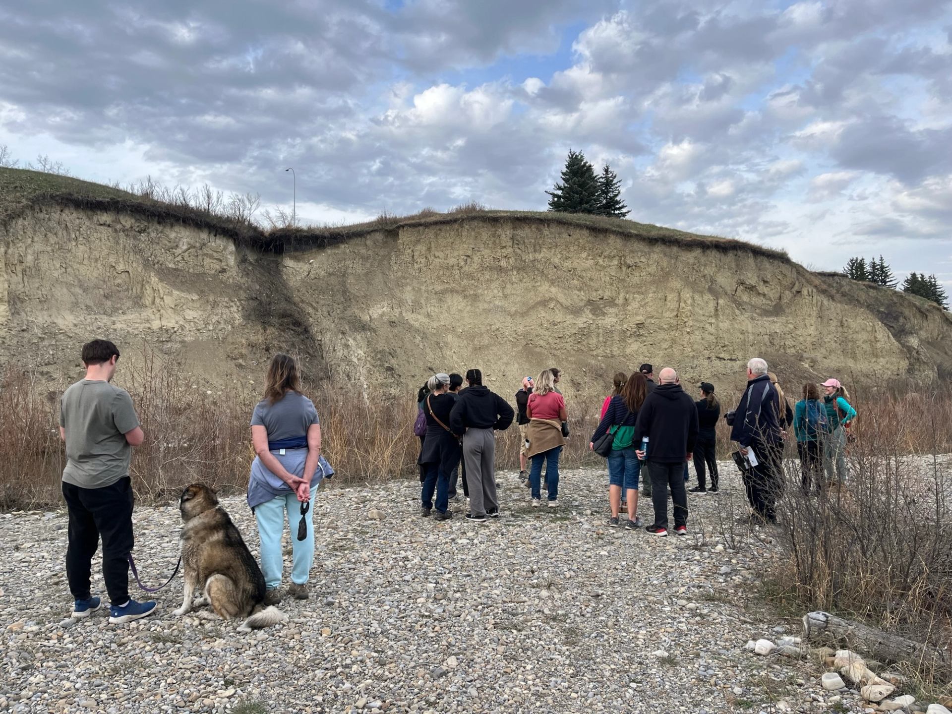 Group of people and a dog stand on rocky ground facing a tall eroded cliff.