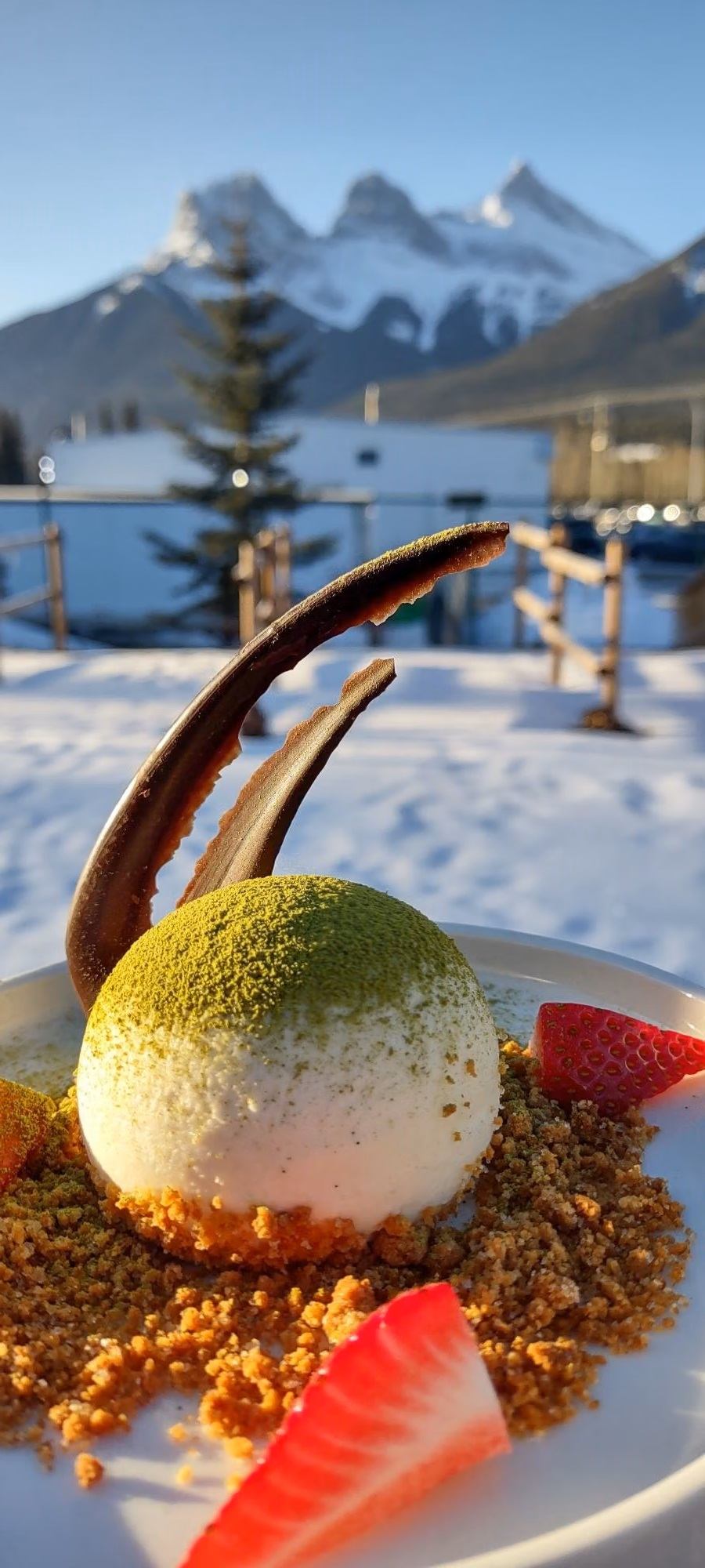 A matcha-dusted dessert sits on crumble and strawberries with snow-capped mountains in the background.