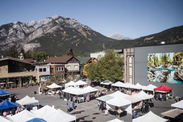 View of tent stalls at the Banff Farmers Market.