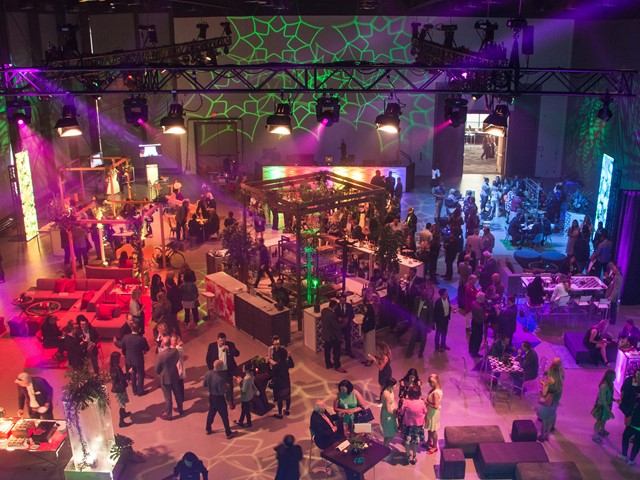 View of a lively event with colorful lighting, people mingling, and garden party setup.