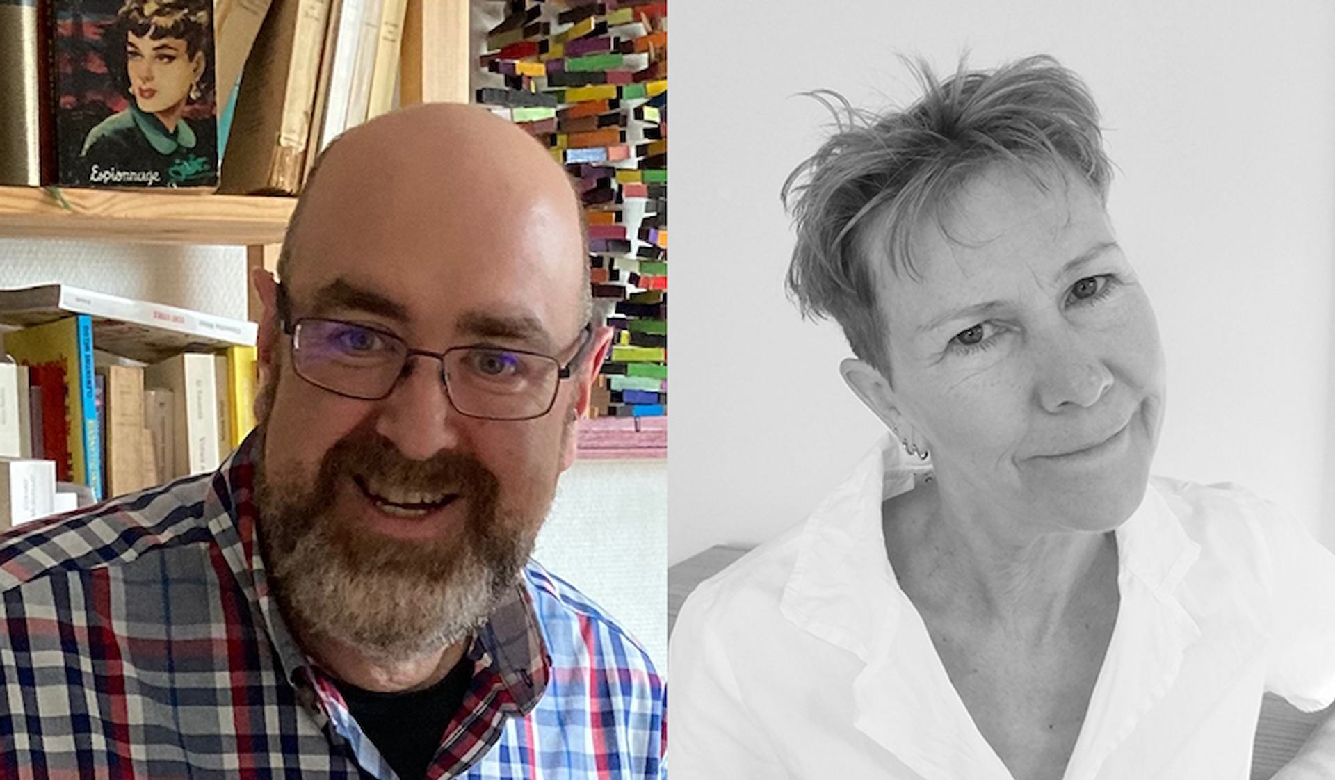 Chris Clarke and Cole Swensen, side by side portraits.