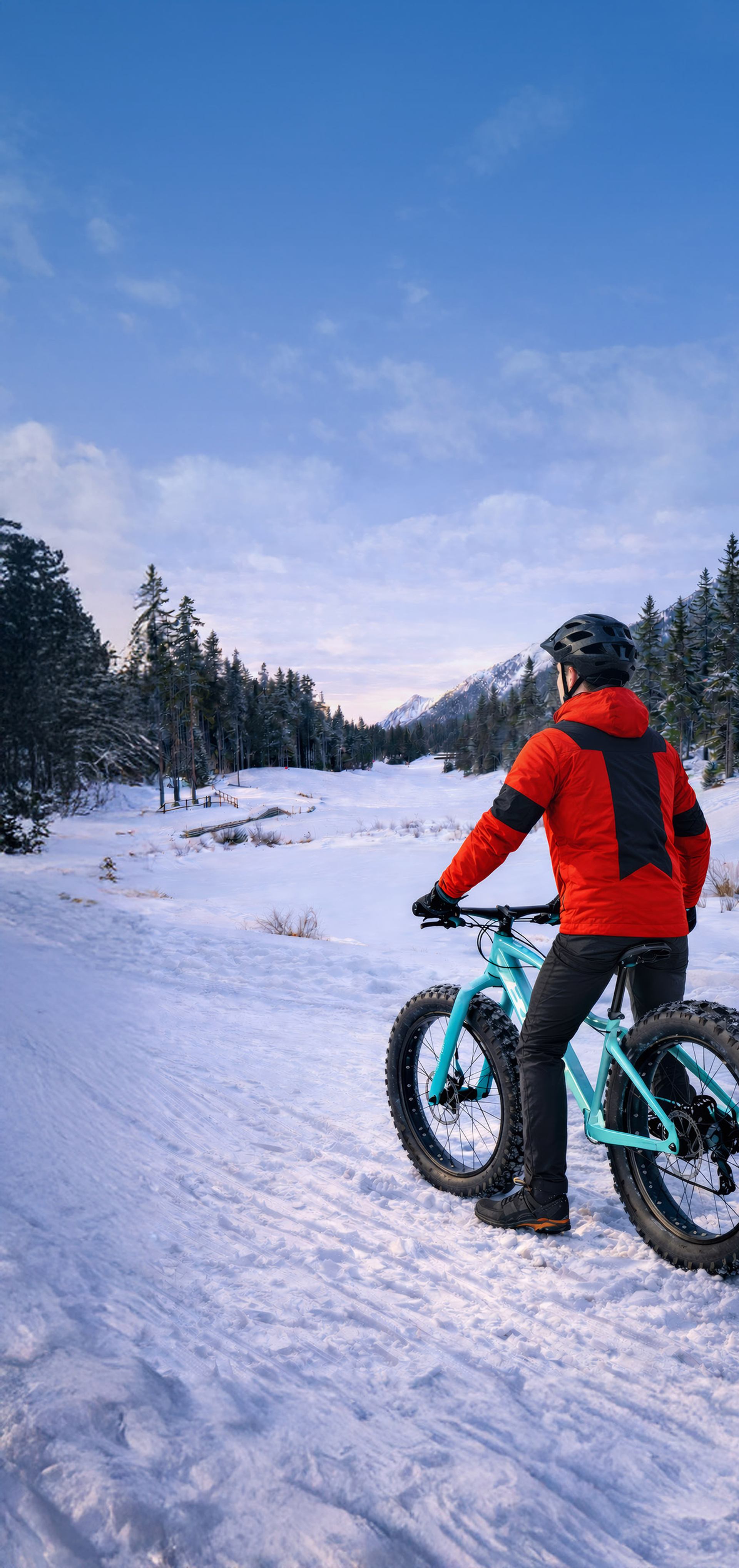 Person with a fat‑tire bike pausing on a snowy trail with forest and mountains at Silvertip Resort.
