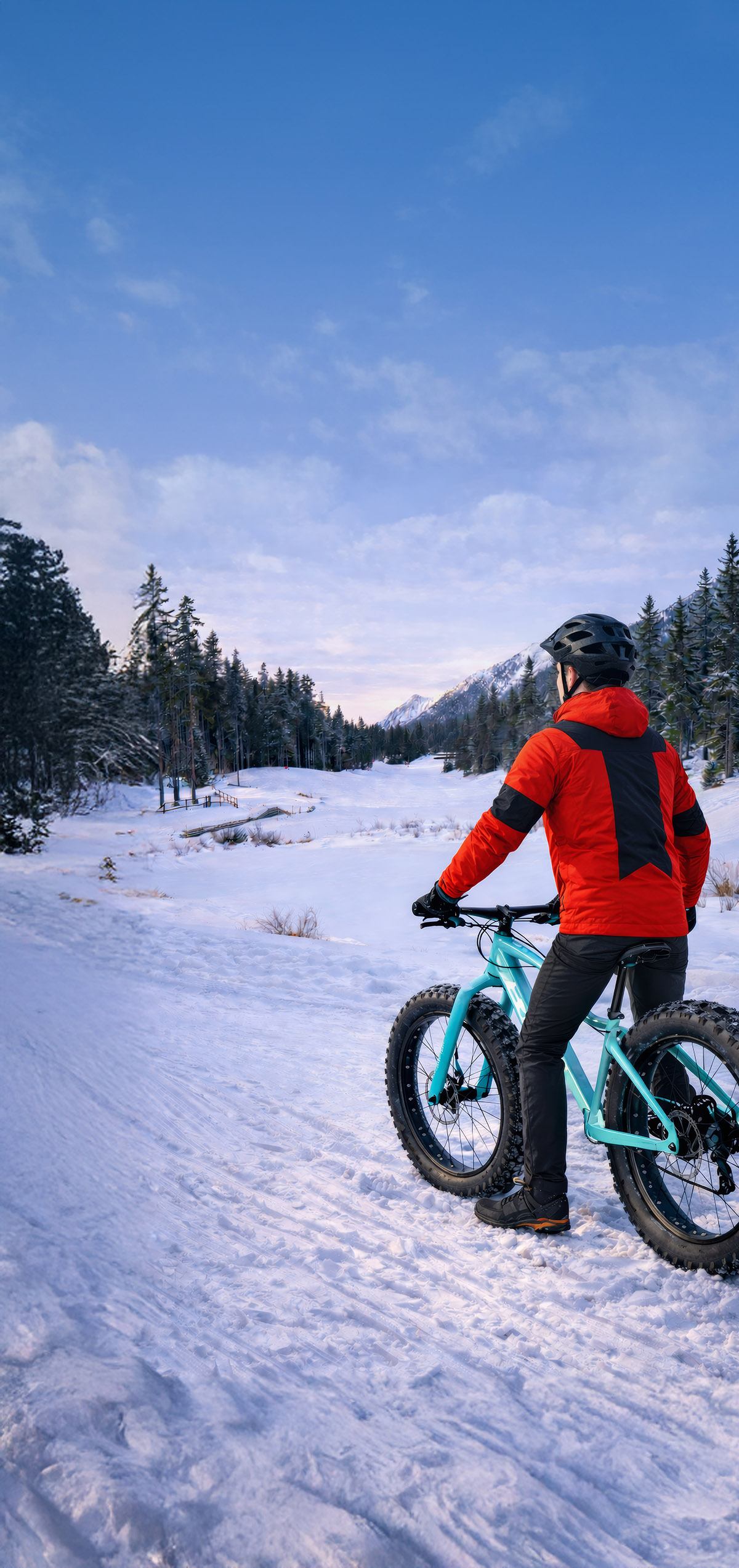 Person with a fat‑tire bike pausing on a snowy trail with forest and mountains at Silvertip Resort.