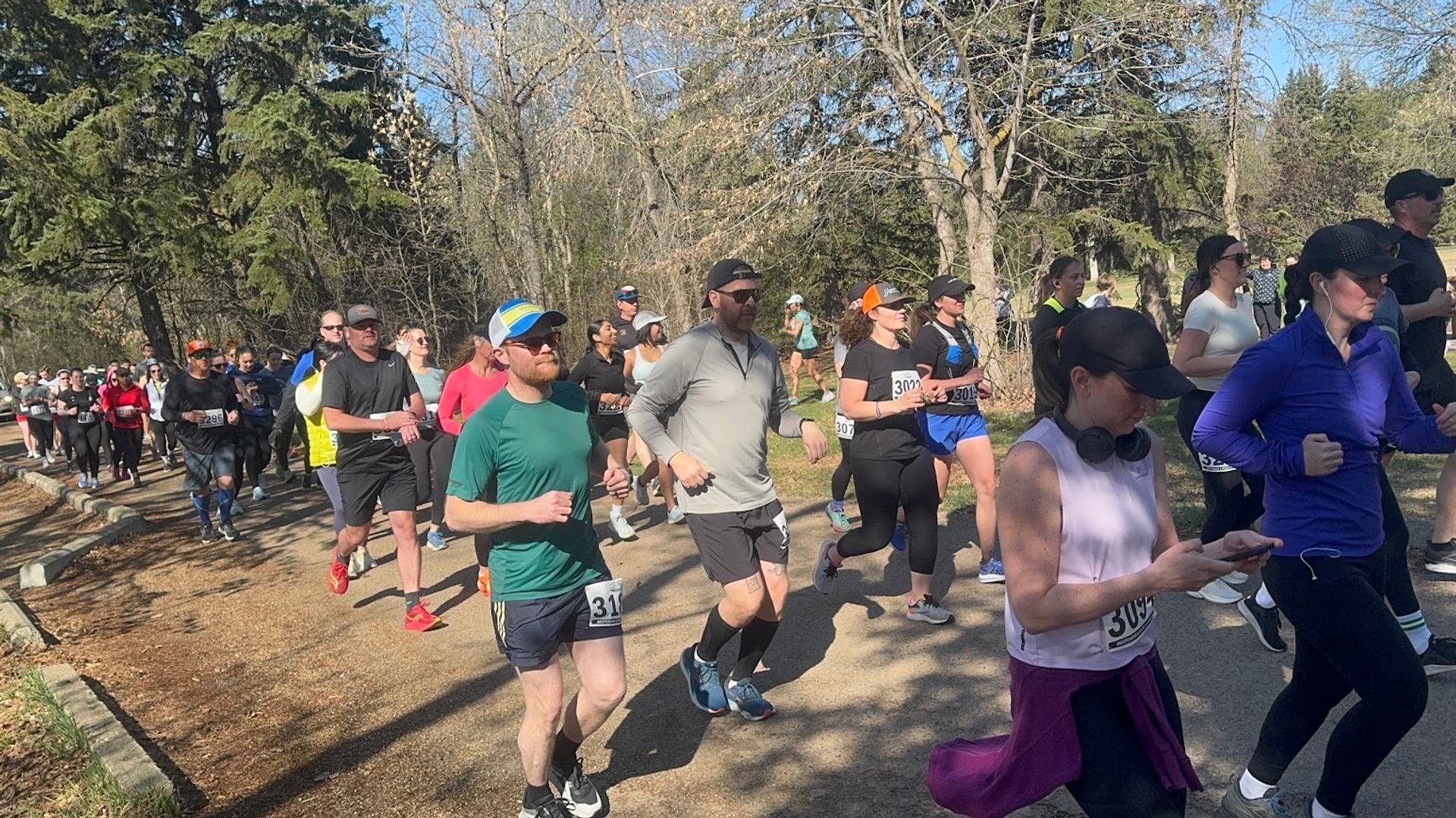 Runners on a wooded trail during the Edmonton First Responders Half Marathon.