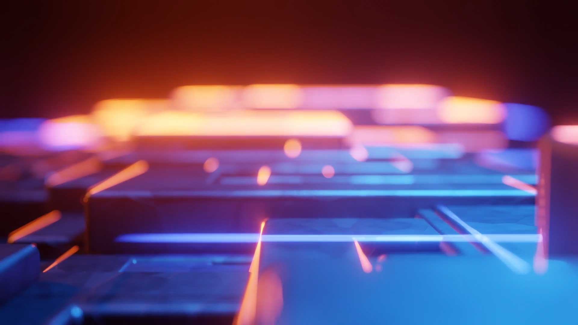 Abstract close-up of glowing blue and orange rectangular shapes forming a digital grid.