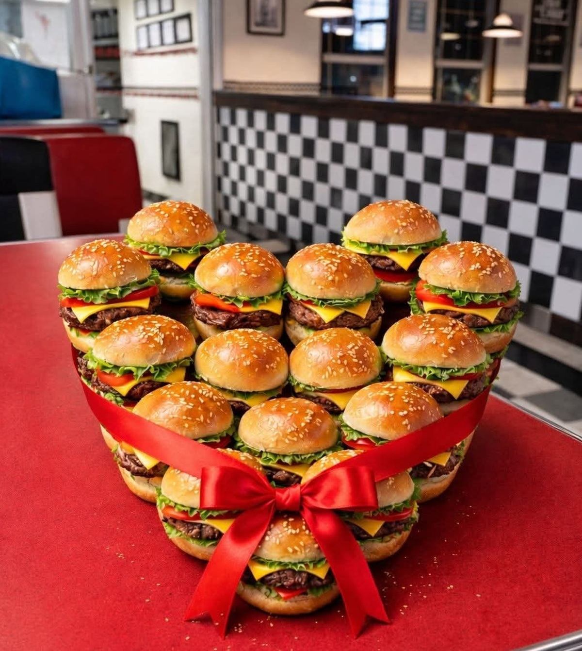 Cheeseburgers arranged in a heart shape with a red ribbon and bow.