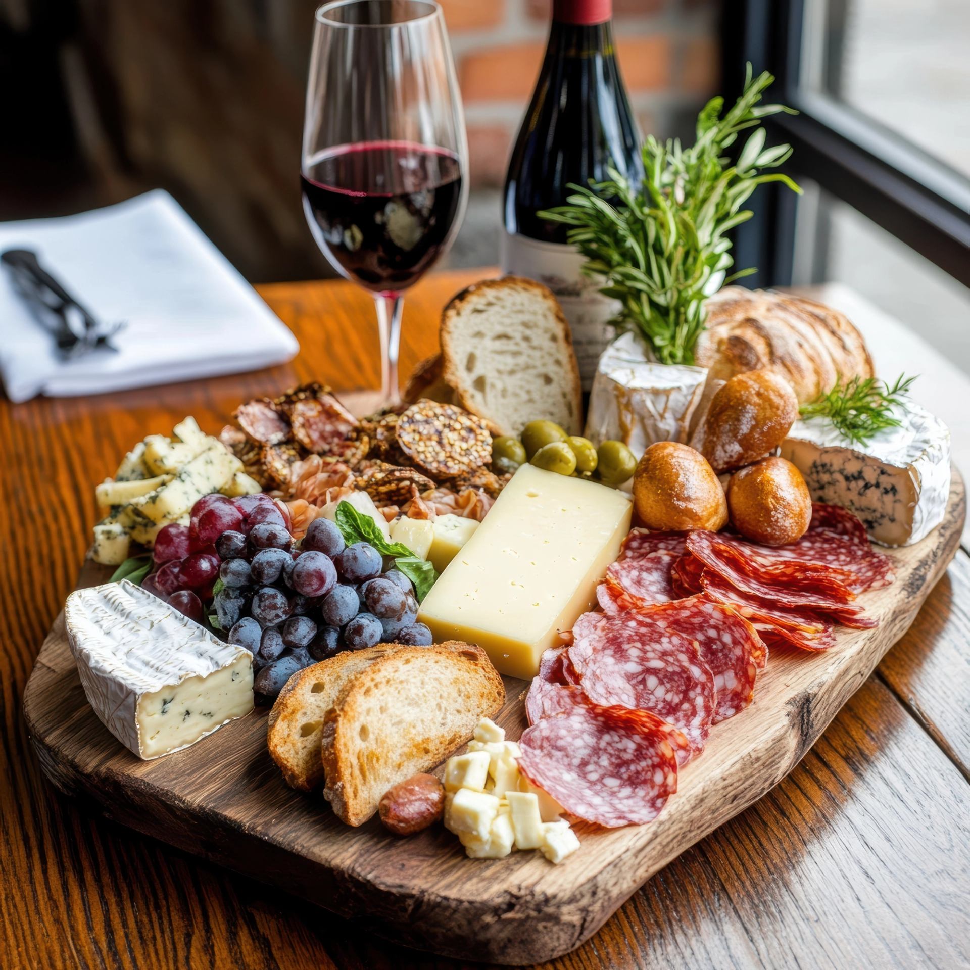 Charcuterie board with cheeses, cured meats, grapes, bread and red wine.
