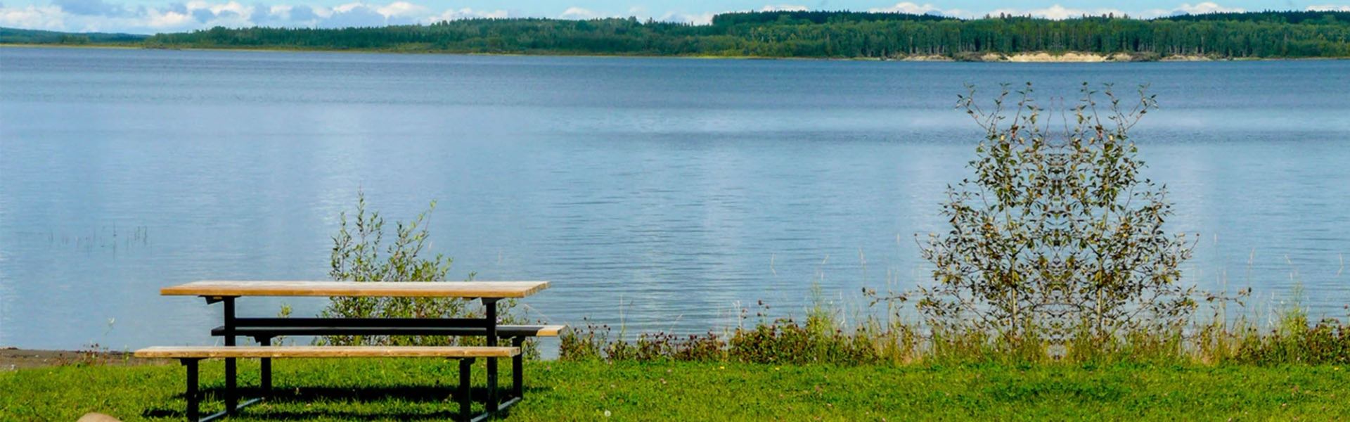 Picnic table beside a calm lake with forested shoreline in the distance.