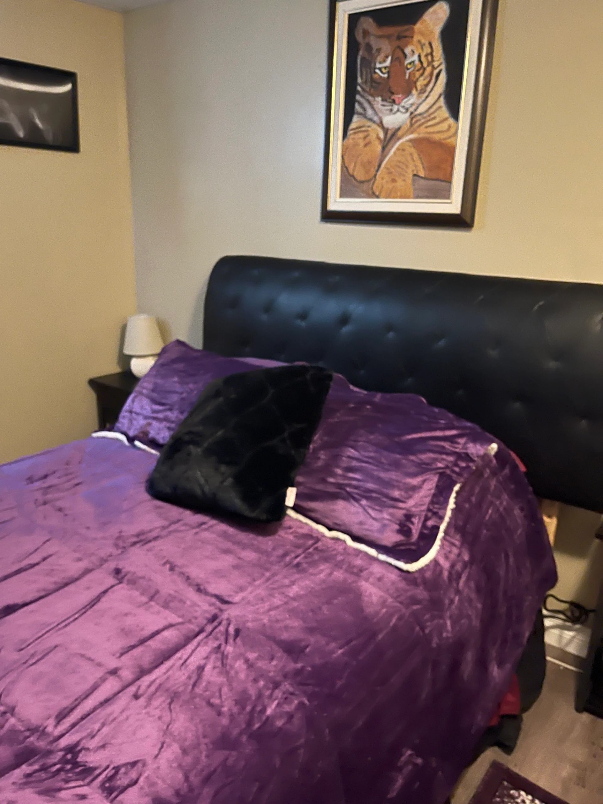 One of the guest rooms with a purple plush bedding.