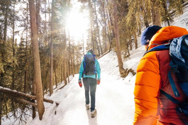 A couple hiking the snowy trails between the trees while the sun peeks through, while winter hiking at Johnston Canyon.