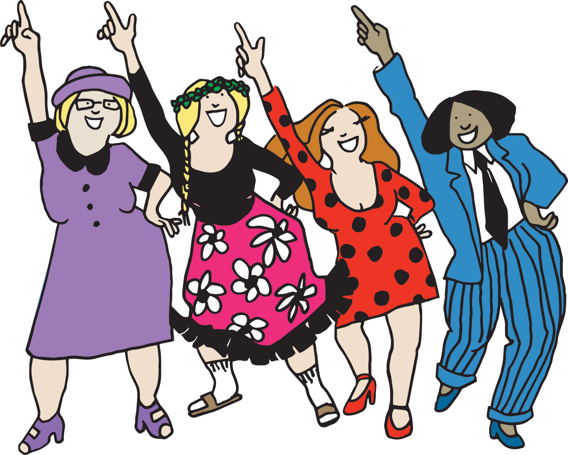 Cartoon group of four dancing figures wearing colourful dresses, suit and raised pointing arms.