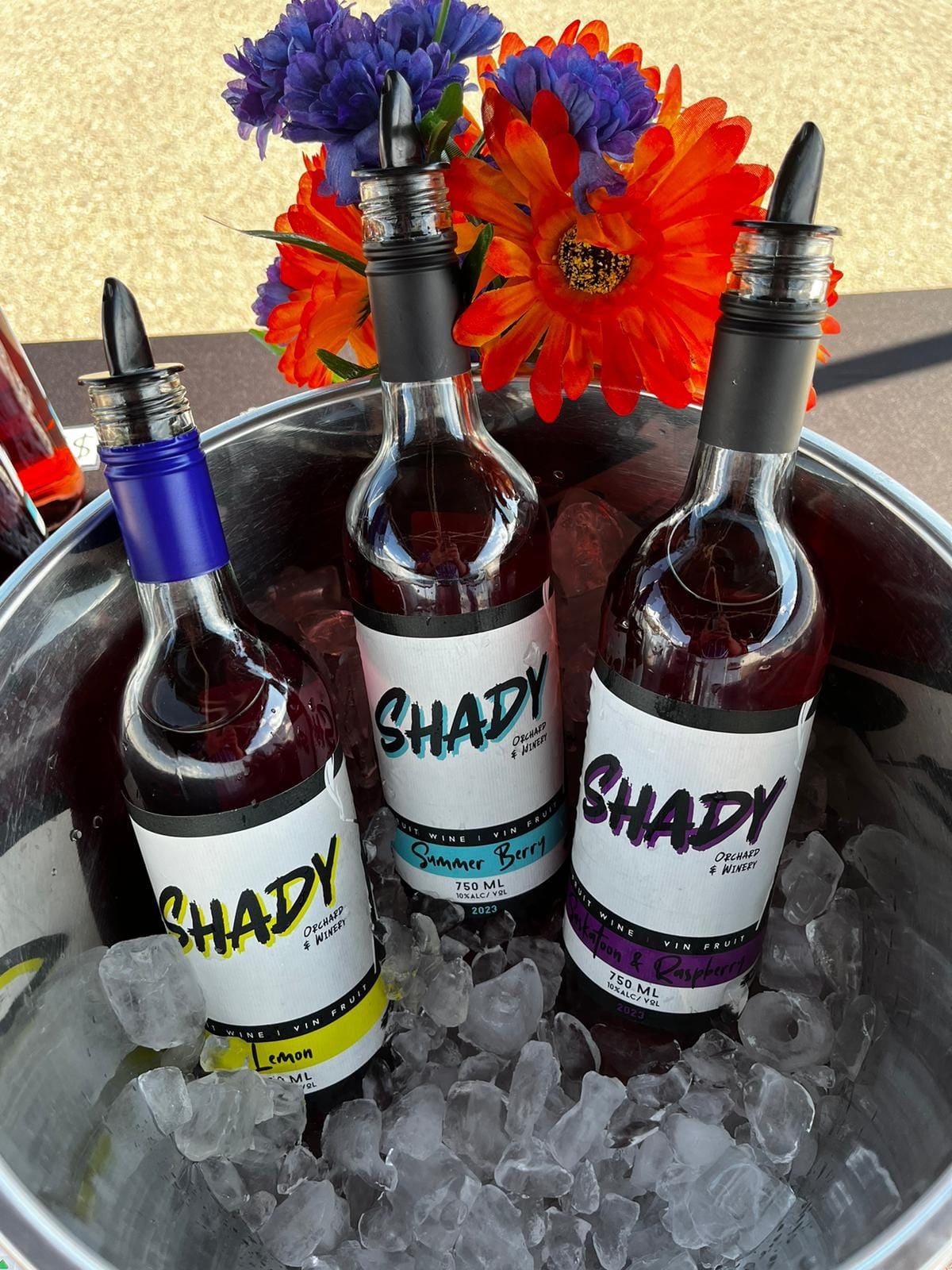 Shady wine bottles chilling in ice with bright flowers behind them.
